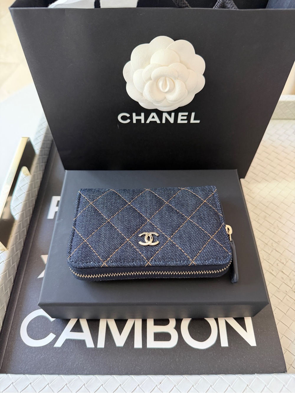 Chanel 26P Classic Zipped Zip Coin Purse Denim Dark Blue Orange mJean Wallet NWT - Picture 9 of 17